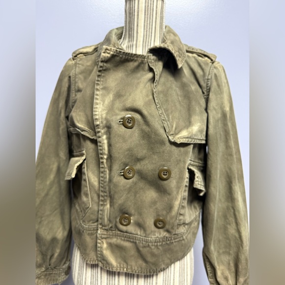 LONDON Jean Olive dyed distressed cropped double breasted utility Jacket size L - Picture 2 of 15